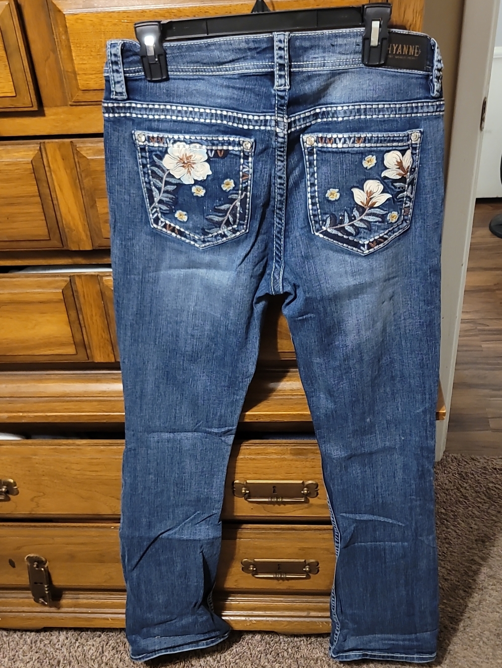 Shyanne Dark Blue Boot Cut Jeans with Floral Pocket Embroidery